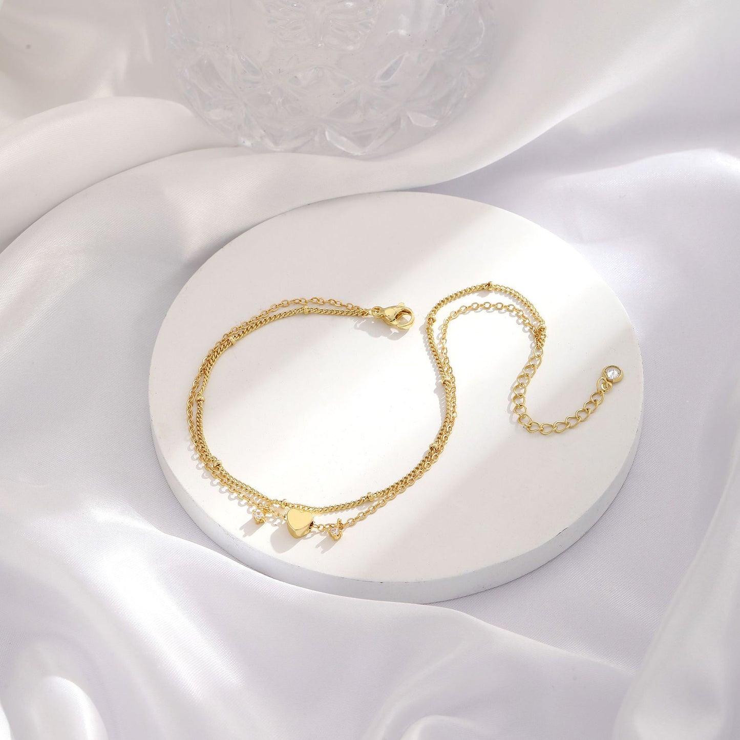 gold-tone double-layer heart anklet for women, electroplated brass adjustable zircon charm ankle bracelet, dainty summer foot jewelry
