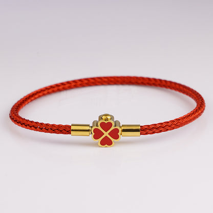 3mm Four Leaf Clover Wire Rope Bracelet Stainless Steel Enamel Lucky Charm Bangle Waterproof Braided Cord Jewelry Gift for Women