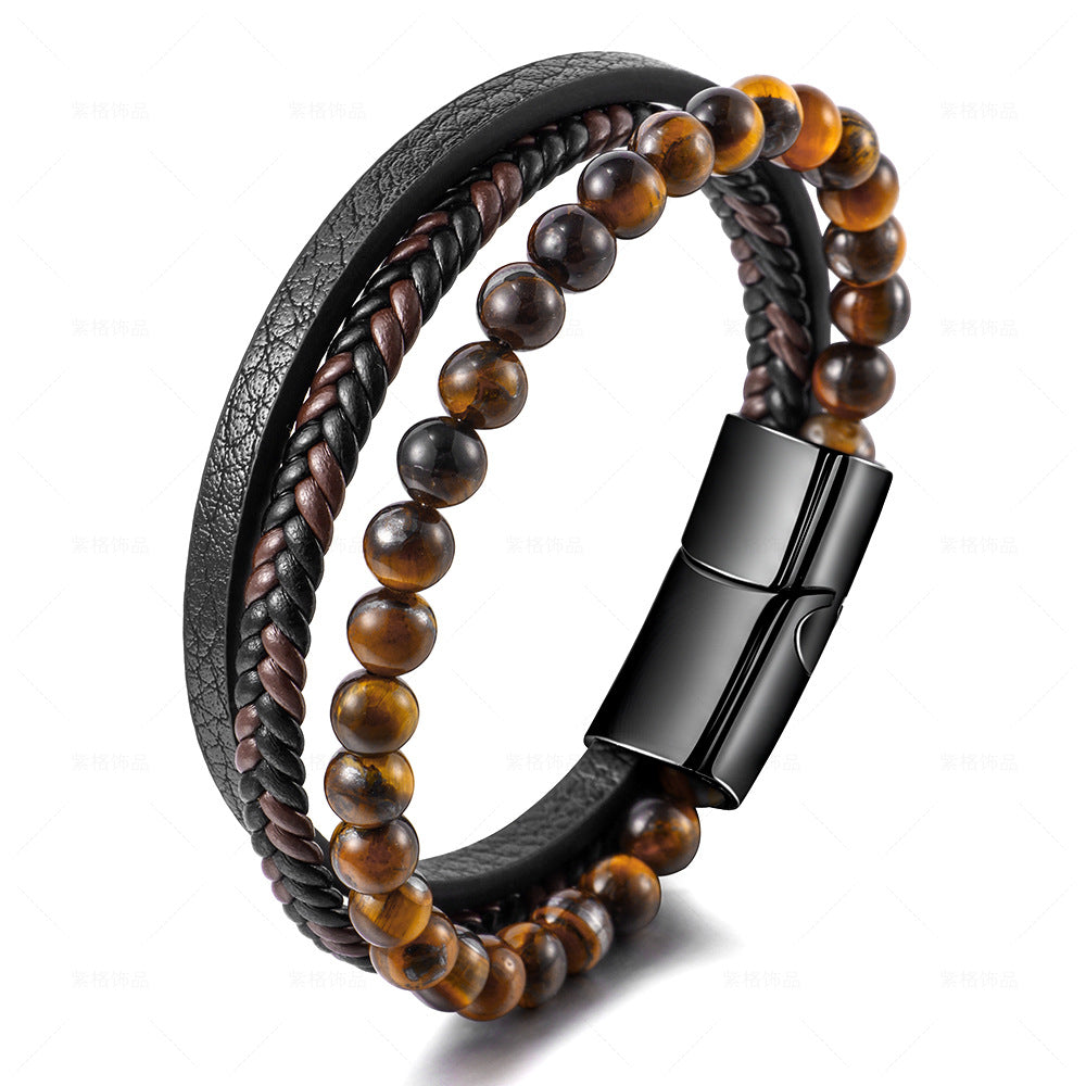 men’s stainless steel leather beaded bracelet – tiger’s eye, multi-layer wristband - star8s