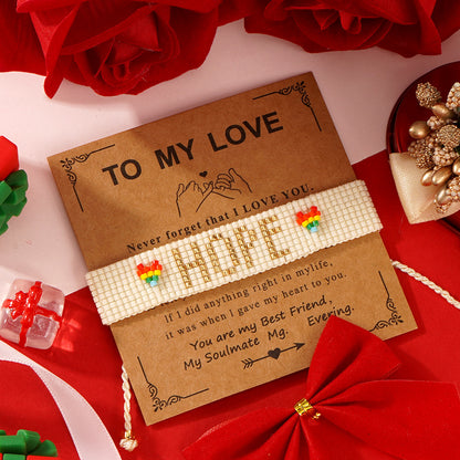 Boho Heart Friendship Bracelet – Handmade Woven Seed Bead HOPE Rainbow Letter Bracelet | Adjustable Bohemian Jewelry