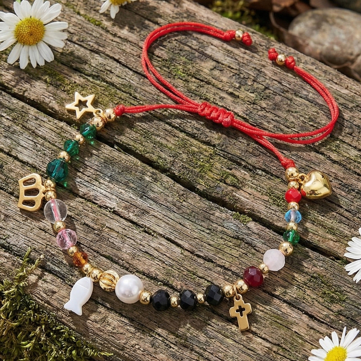 red string beaded charm bracelet, adjustable cord with multicolor beads and gold-tone heart, star and cross charms, everyday holiday jewelry