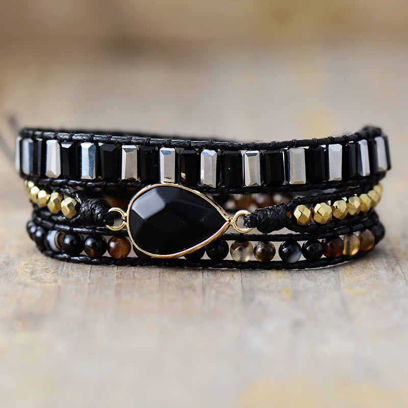 Obsidian Braided Wrap Bracelet - Handcrafted Leather and Crystal Bracelet for Women - STAR8S