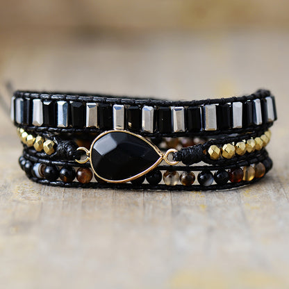 Obsidian Braided Wrap Bracelet - Handcrafted Leather and Crystal Bracelet for Women - STAR8S