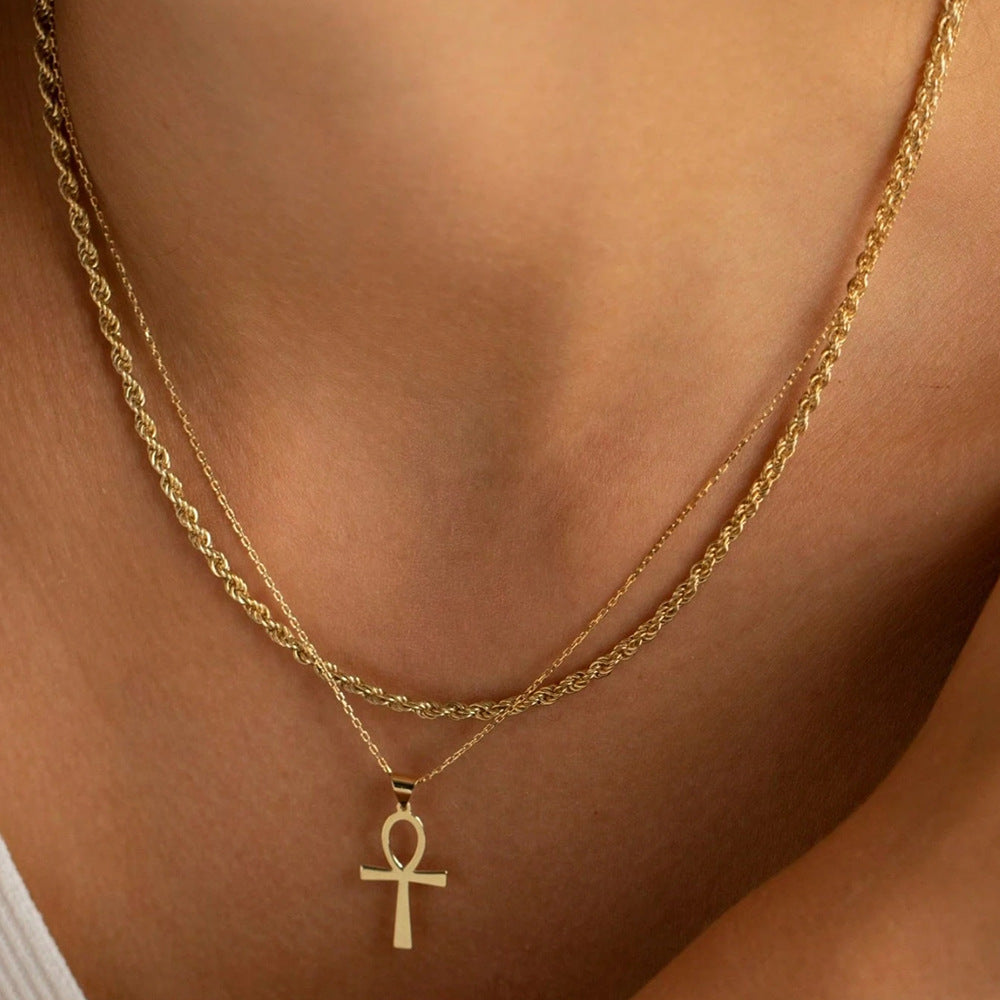 layered ankh cross necklace set for men women stainless steel egyptian key of life pendant twisted rope chain choker gold plated religious protection amulet statement sweater chain jewelry gift
