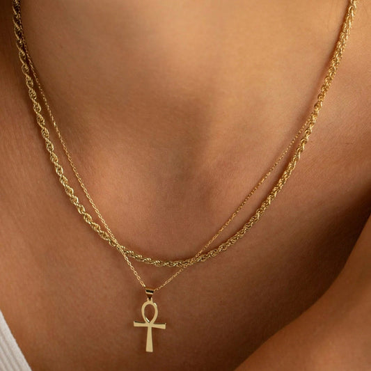 Layered Ankh Cross Necklace Set for Men Women Stainless Steel Egyptian Key of Life Pendant Twisted Rope Chain Choker Gold Plated Religious Protection Amulet Statement Sweater Chain Jewelry Gift