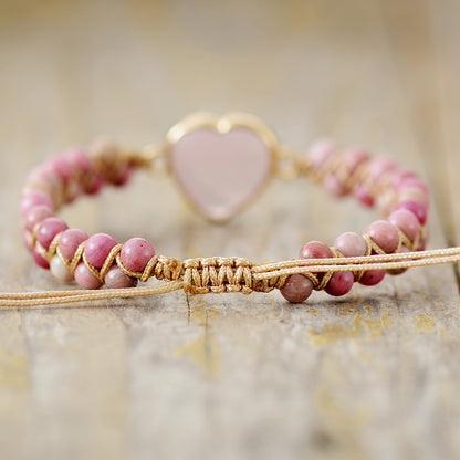 Double Layer Heart Braided Bracelet with Rose Quartz, Turquoise & Picture Stone – Handmade Adjustable Bracelet - STAR8S