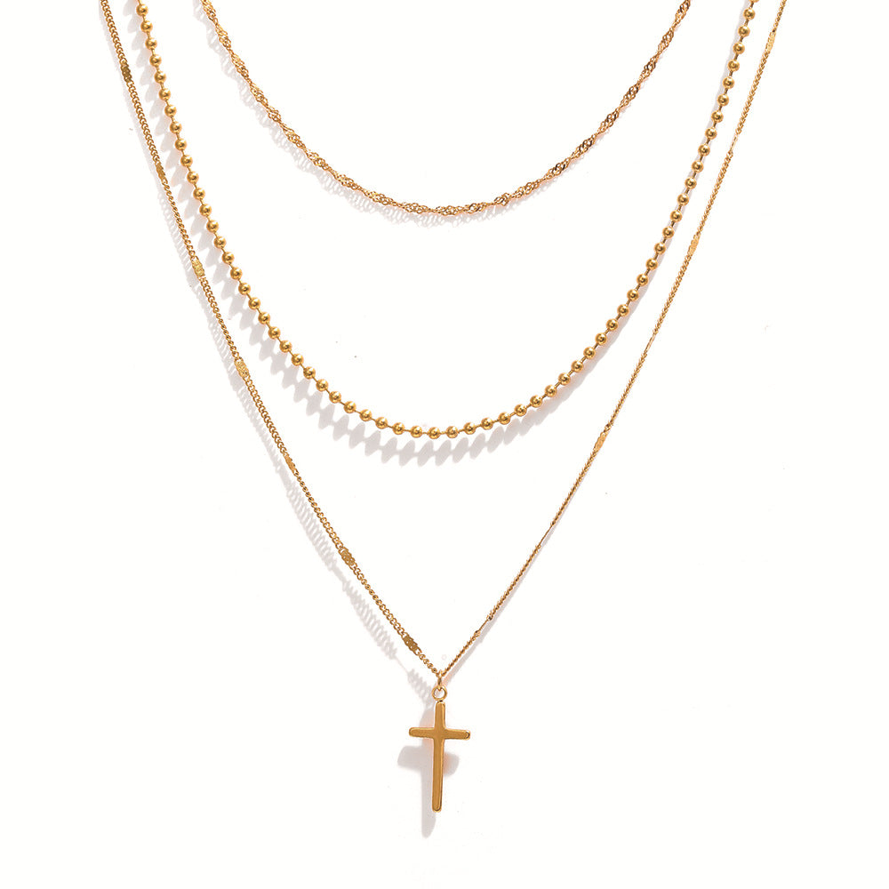 stainless steel layered cross necklace for women gold tone multi strand layered chain necklace dainty bead ball chain twisted wave choker christian cross pendant faith jewelry gift