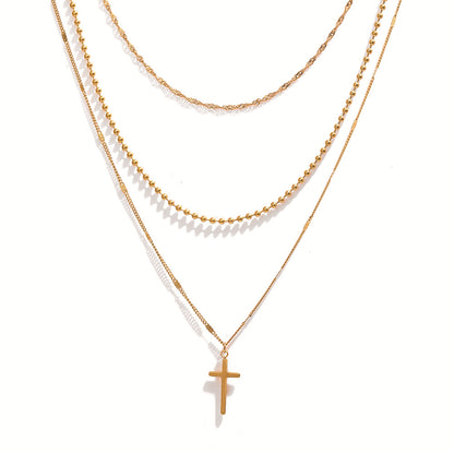 Stainless Steel Layered Cross Necklace for Women Gold Tone Multi Strand Layered Chain Necklace Dainty Bead Ball Chain Twisted Wave Choker Christian Cross Pendant Faith Jewelry Gift