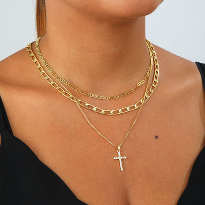 Layered Cross Necklace Set for Women, 3 Gold-Tone Electroplated Brass Chains with Sparkling Cross Pendant, Flat Link and Paperclip Styles, 15, 16 and 18 Inch Lengths with 2 Inch Extenders, Lobster Clasps, Everyday Jewelry for Blouses, Dresses and Swe
