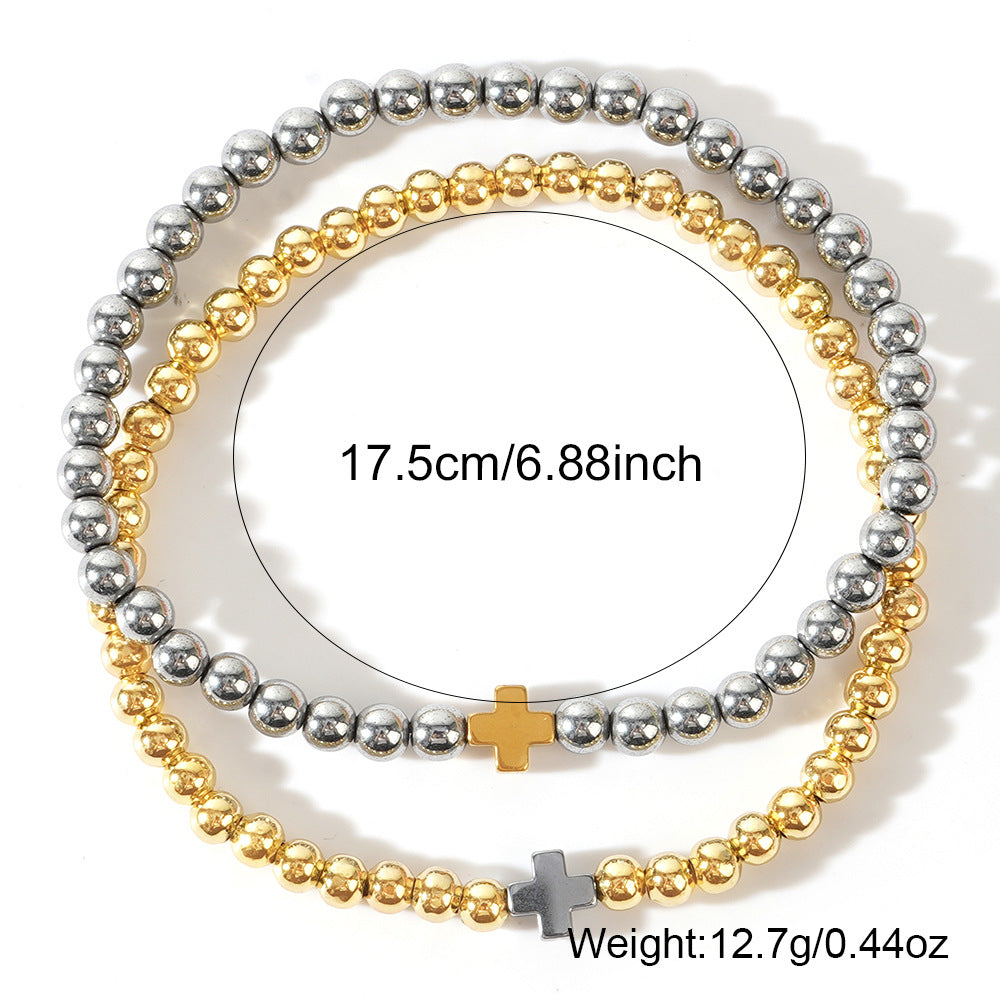 hematite cross bead bracelet – handmade stylish couple jewelry – gold & silver accent – adjustable, elegant fashion accessory