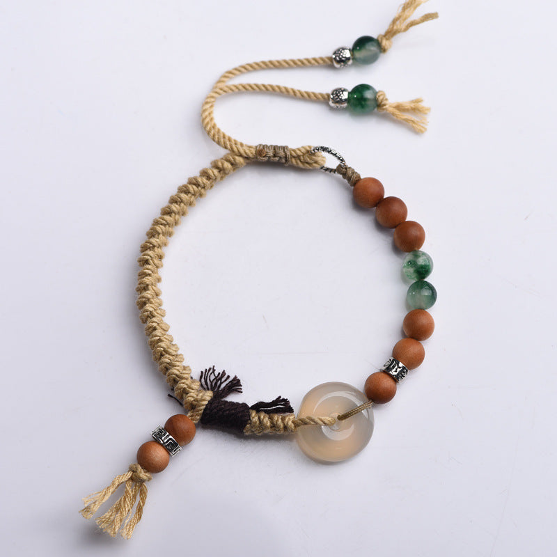 white agate peace‑coin hand‑woven bracelet | ethnic boho style with sandalwood beads