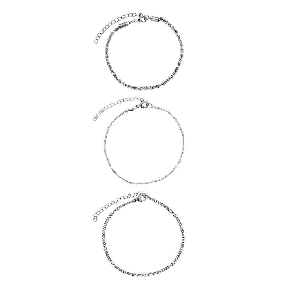 3pcs silver layered chain bracelet set for women stainless steel herringbone snake chain twisted rope chain classic curb link minimalist stackable wristband bundle trendy costume jewelry sets gift for her anniversary
