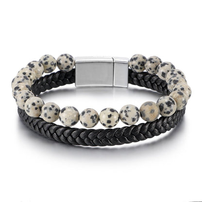 Men’s Beaded Stone Bracelet - Tiger Eye Beads with Genuine Leather Cord - Natural Stone and Agate Bracelet - STAR8S