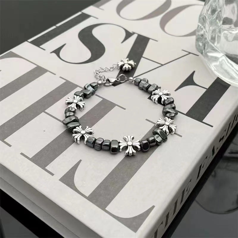 gothic cross beaded bracelet for men women natural black hematite stone irregular tumbled beads bracelet y2k hip hop punk rock wristband retro chrome floral crosses jewelry gif