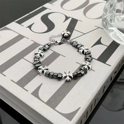 Gothic Cross Beaded Bracelet for Men Women Natural Black Hematite Stone Irregular Tumbled Beads Bracelet Y2K Hip Hop Punk Rock Wristband Retro Chrome Floral Crosses Jewelry Gif