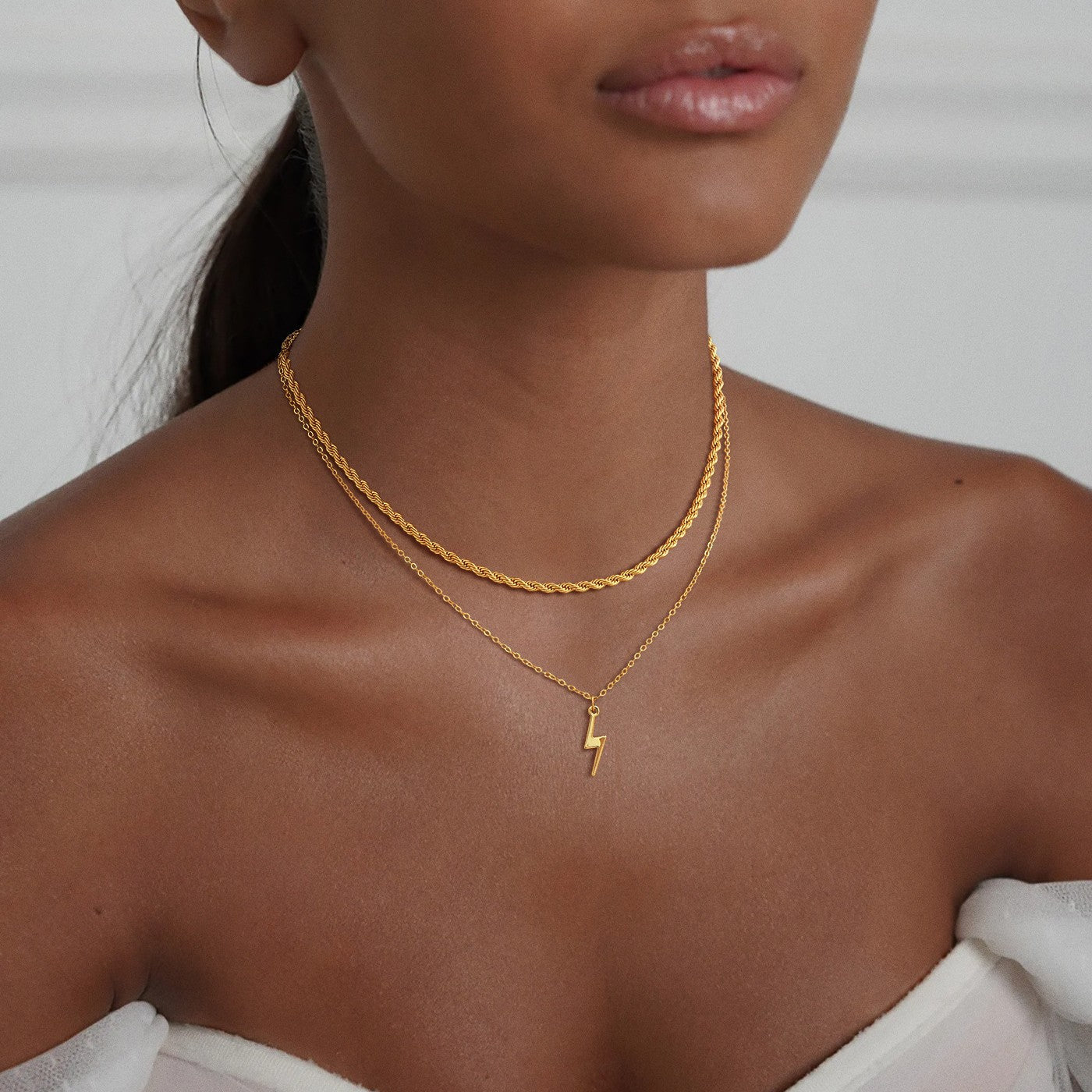 layered gold-tone lightning bolt pendant necklace for women chunky rope chain double layer dainty cable choker trendy y2k aesthetic jewelry gift for her everyday minimalist collar necklace