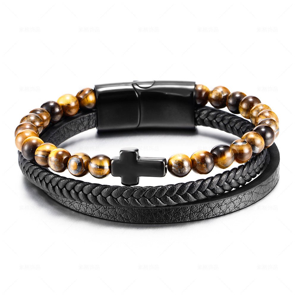 Stainless Steel Cross Bracelet for Men - Natural Tiger Eye Agate Stone Multi-Layer Woven Leather Bracelet - STAR8S