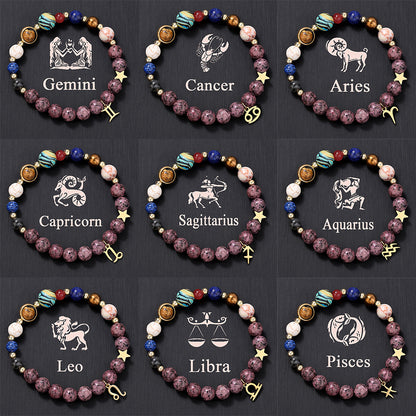 Zodiac Signs Bracelet - Stainless Steel Pendant, Natural Stone, Handmade Beaded Couple Bracelet for Women - STAR8S