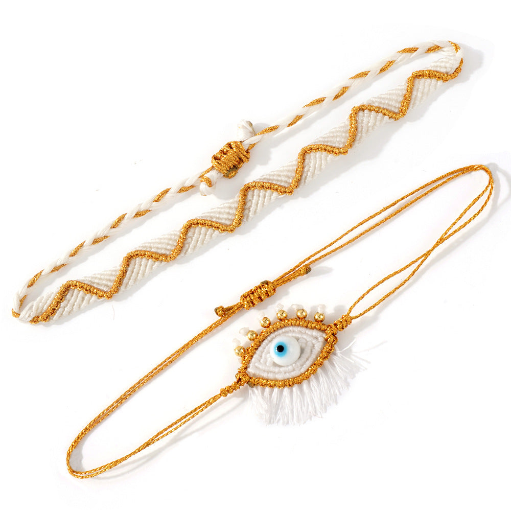 handmade woven evil eye bracelet set for women men boho macrame protection talisman gold metallic thread cream white braided rope cord adjust string set of 2