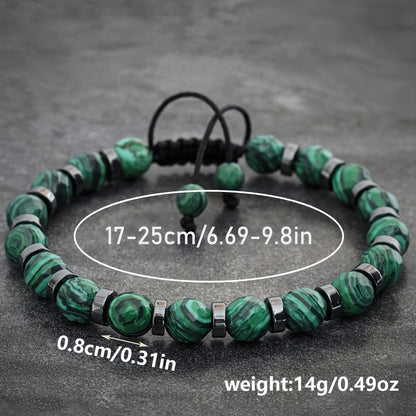 Green Natural Stone Beaded Bracelet, Handmade Adjustable Cord with 8mm Beads, Boho Summer Jewelry for Men and Women
