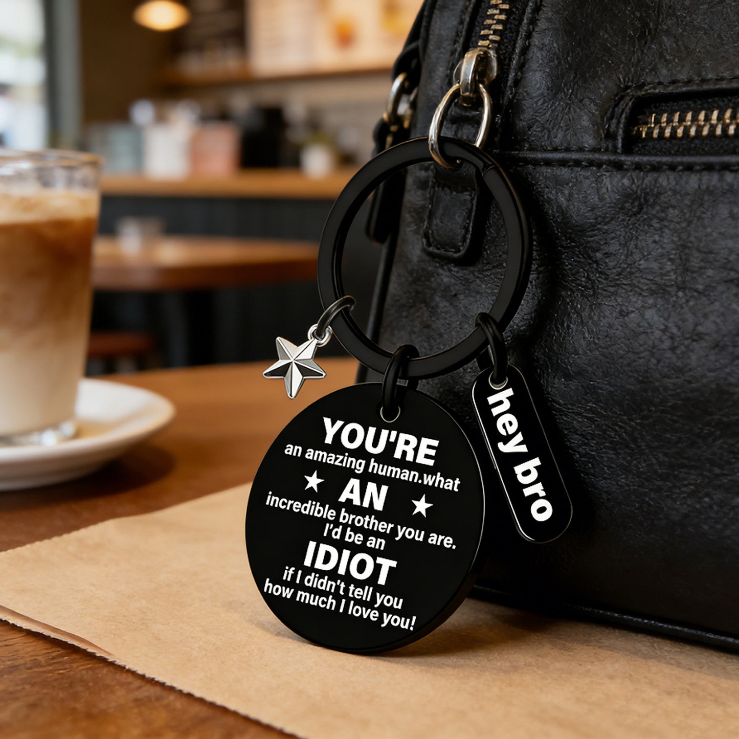 funny brother keychain gift from sister brother stainless steel black engraved round key ring charm pendant with star hey bro sign birthday graduation christmas motivational gag gift for men teens 1.17" 13.5g