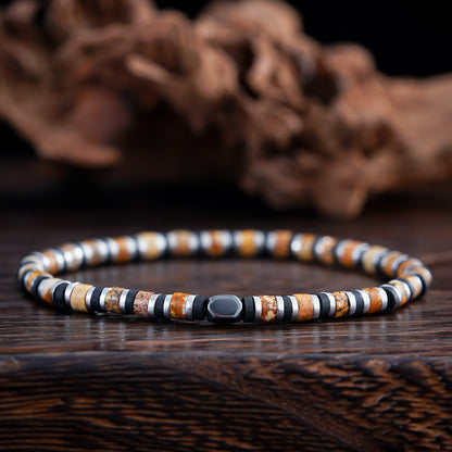 Beaded Men Bracelet – Fashionable Tiger Eye & Hematite Stone Cylindrical Bead Wristband - STAR8S