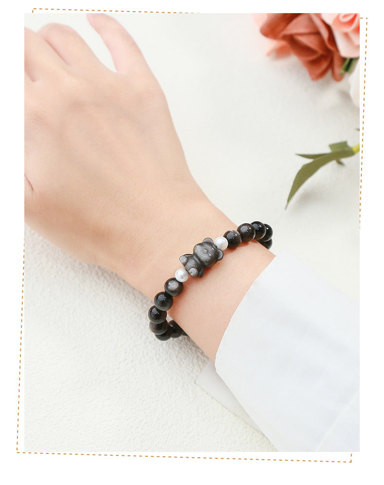 Silver Obsidian Bear Bracelet – Minimalist Black Gemstone Beaded Bracelet for Men & Women - STAR8S