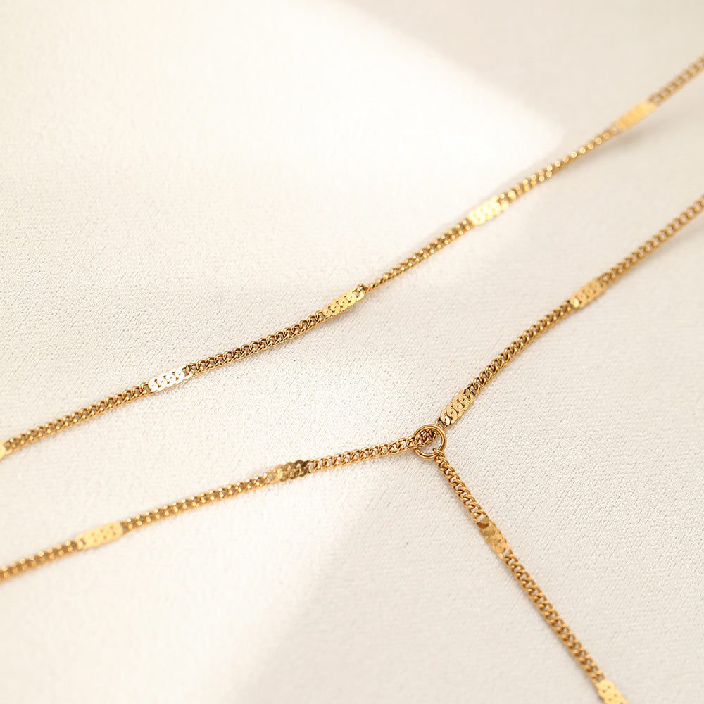 stainless steel layered y necklace for women gold tone double strand lariat necklace dainty lip chain textured bar tassel pendant sexy cleavage choker body jewelry gift