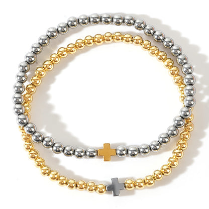 Hematite Cross Bead Bracelet – Handmade Stylish Couple Jewelry – Gold & Silver Accent – Adjustable, Elegant Fashion Accessory
