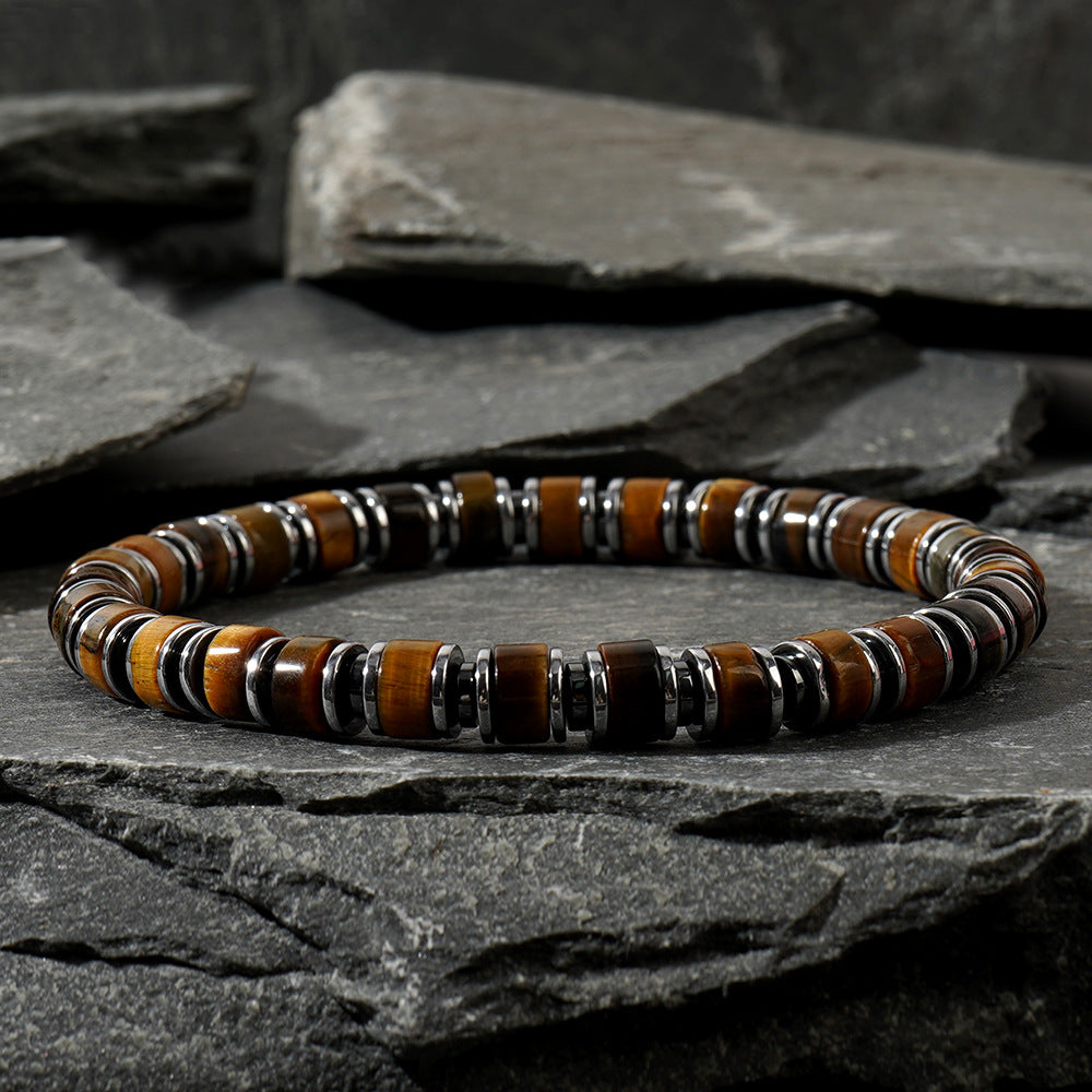 Men's Tiger Eye & Black Agate Natural Stone Beaded Bracelet – Simple Vintage Wristband - STAR8S