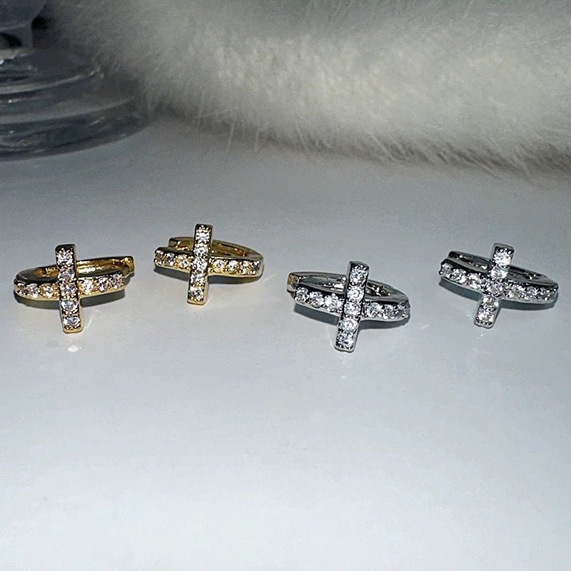 S925 Sterling Silver Gold Plated Zircon Cross Mini Hoop Earrings – Elegant & Trendy - STAR8S