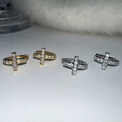 S925 Sterling Silver Gold Plated Zircon Cross Mini Hoop Earrings – Elegant & Trendy - STAR8S