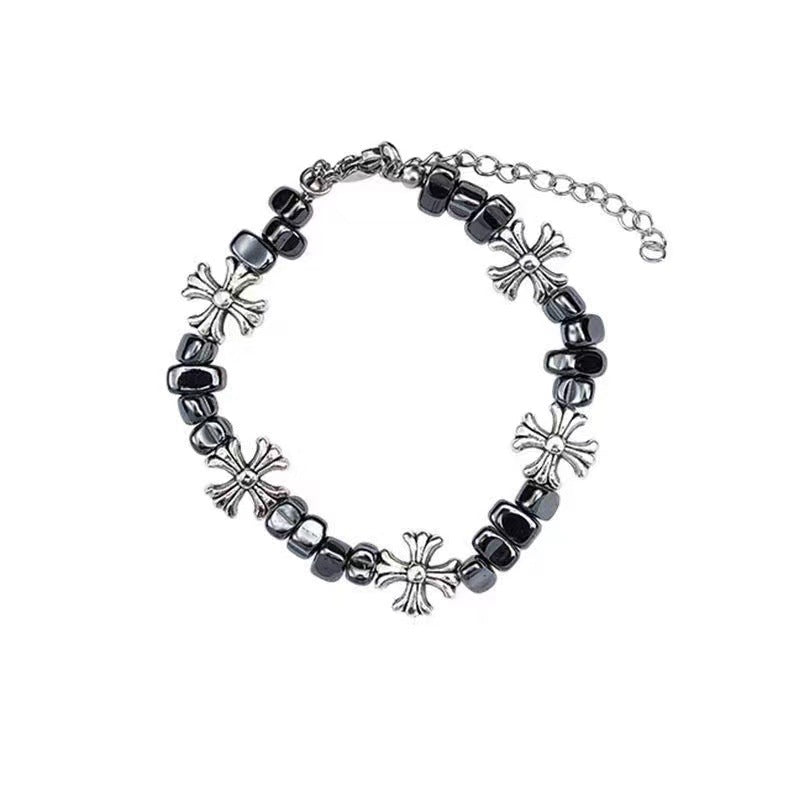 gothic cross beaded bracelet for men women natural black hematite stone irregular tumbled beads bracelet y2k hip hop punk rock wristband retro chrome floral crosses jewelry gif