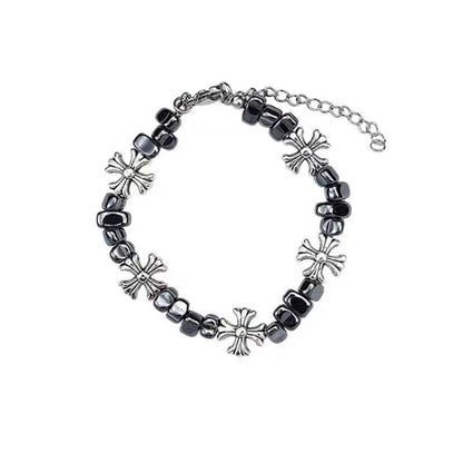 Gothic Cross Beaded Bracelet for Men Women Natural Black Hematite Stone Irregular Tumbled Beads Bracelet Y2K Hip Hop Punk Rock Wristband Retro Chrome Floral Crosses Jewelry Gif