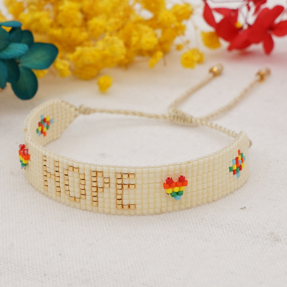 boho heart friendship bracelet – handmade woven seed bead hope rainbow letter bracelet | adjustable bohemian jewelry