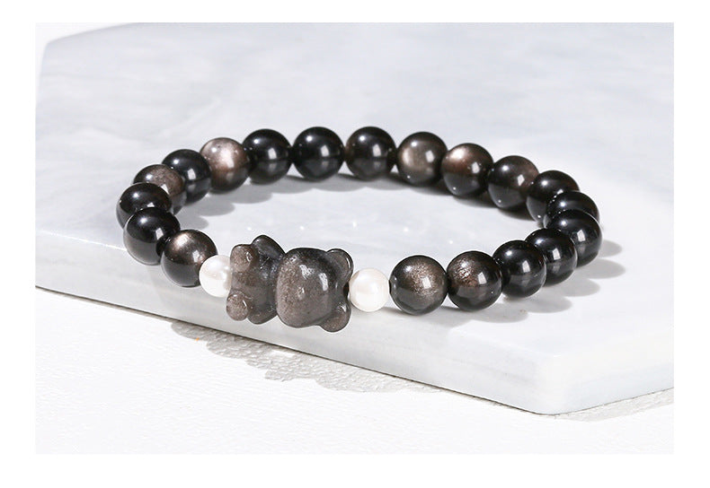 silver obsidian bear bracelet – minimalist black gemstone beaded bracelet for men & women - star8s