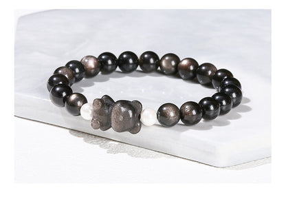Silver Obsidian Bear Bracelet – Minimalist Black Gemstone Beaded Bracelet for Men & Women - STAR8S