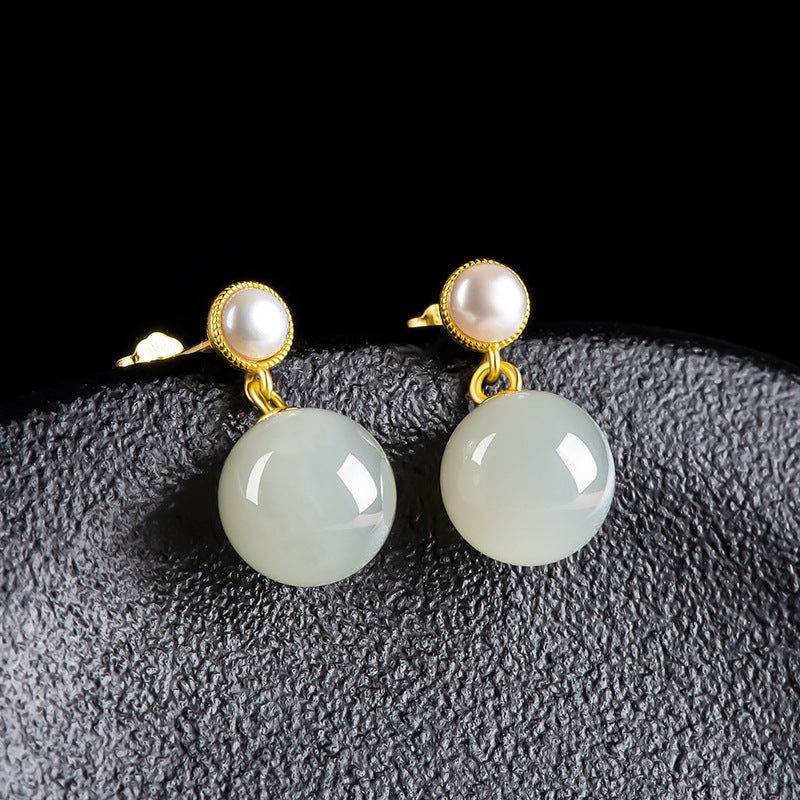 elegant hetian jade & pearl stud earrings | s925 silver inlay | stylish and simple design