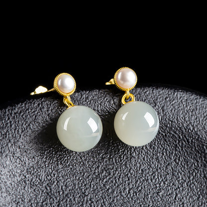 Elegant Hetian Jade & Pearl Stud Earrings | S925 Silver Inlay | Stylish and Simple Design