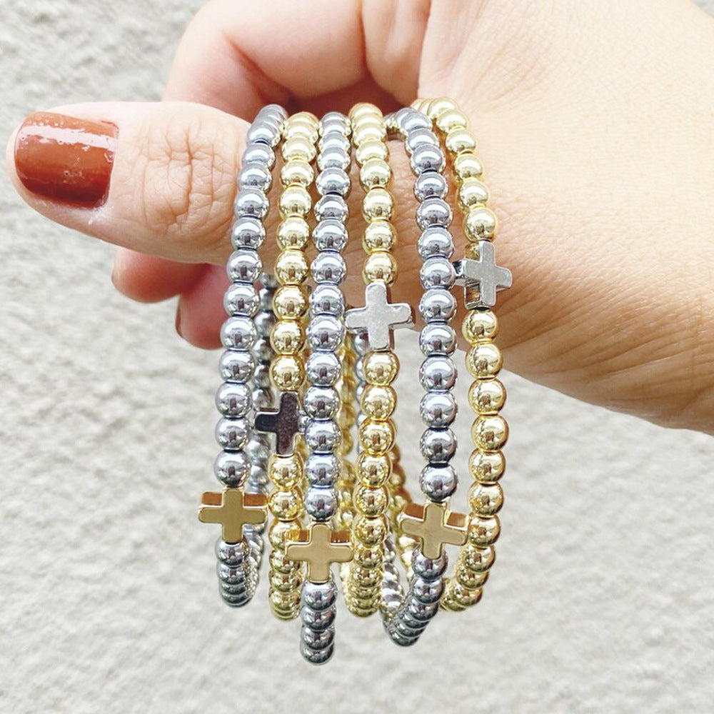 hematite cross bead bracelet – handmade stylish couple jewelry – gold & silver accent – adjustable, elegant fashion accessory