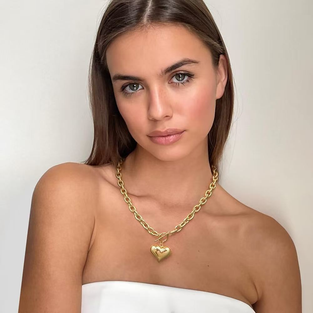 gold plated chunky chain necklace for women puffy heart pendant necklace minimalist bold link chain necklace with front ot toggle clasp jewelry gift