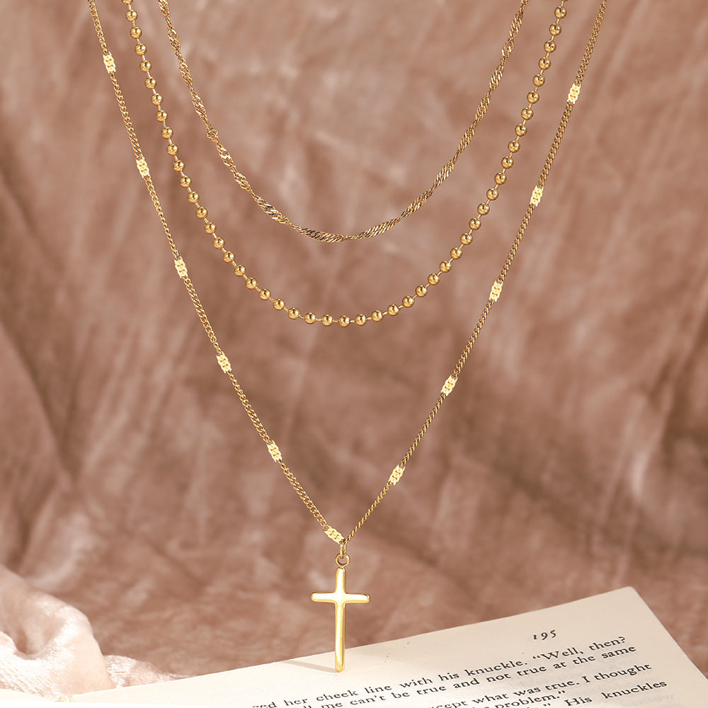 stainless steel layered cross necklace for women gold tone multi strand layered chain necklace dainty bead ball chain twisted wave choker christian cross pendant faith jewelry gift