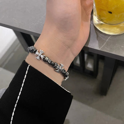 Gothic Cross Beaded Bracelet for Men Women Natural Black Hematite Stone Irregular Tumbled Beads Bracelet Y2K Hip Hop Punk Rock Wristband Retro Chrome Floral Crosses Jewelry Gif