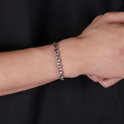 Men Titanium Steel Coffee Bean Chain Bracelet Non Tarnish Waterproof Silver-tone Stainless Steel Link Wristband Modern Minimalist Everyday Jewelry Gift for Men Husband Boyfriend