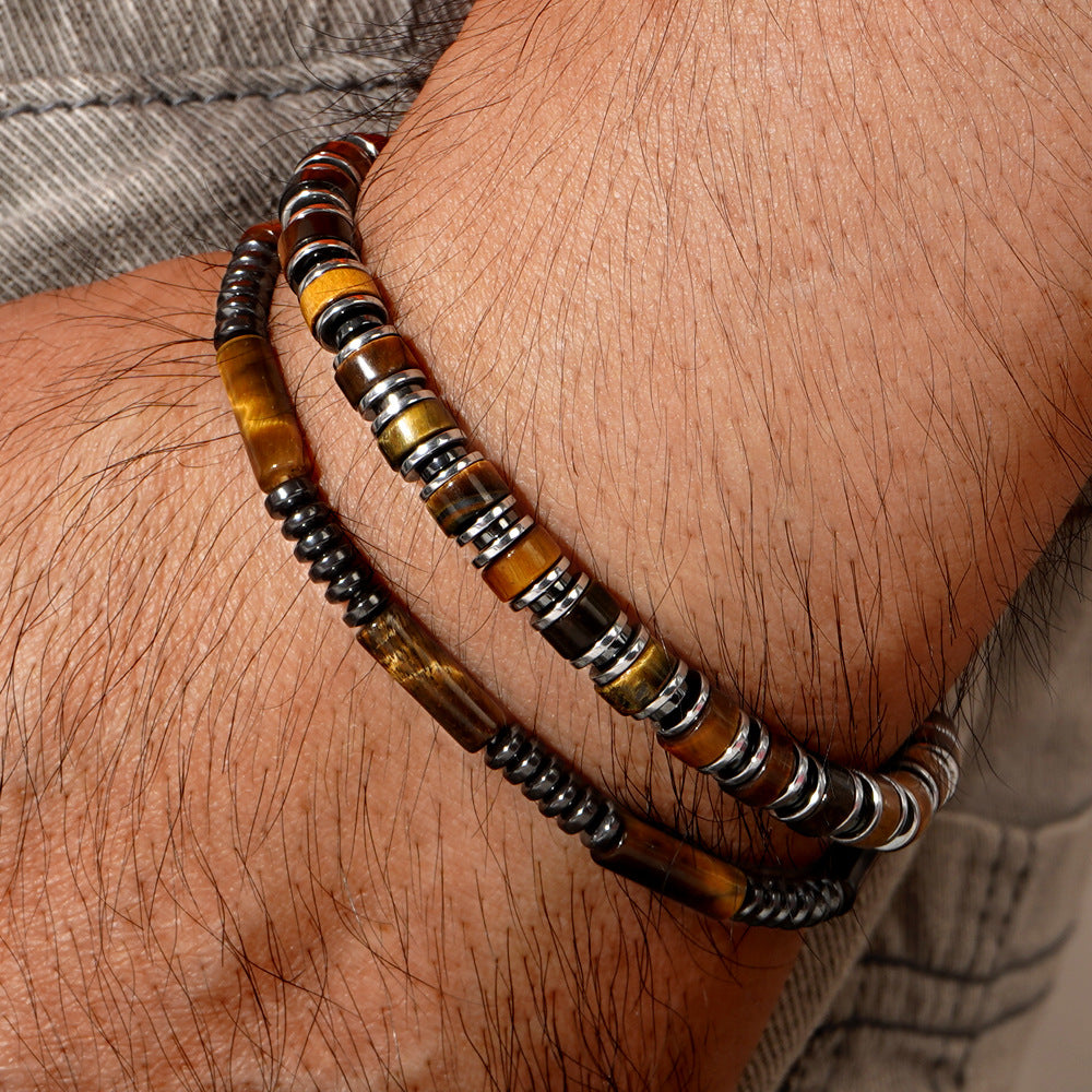 men's tiger eye & black agate natural stone beaded bracelet – simple vintage wristband - star8s