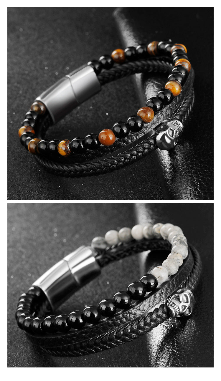 Men’s Stainless Steel Bracelet – Leather & Tiger’s Eye Beads with Skull Charm - STAR8S