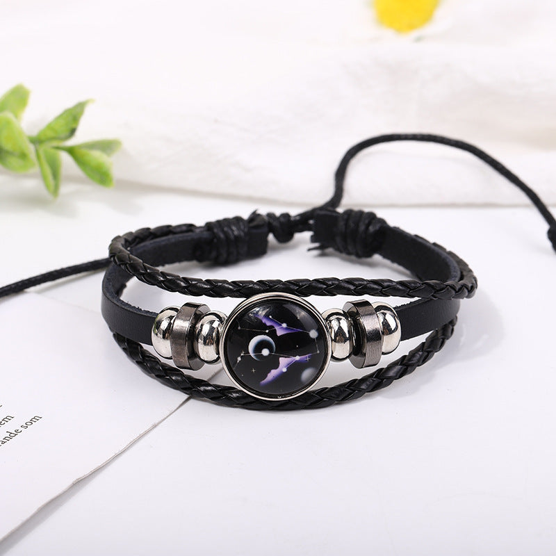 Zodiac Signs Leather Bracelet - Luminous Design, Vintage Style, Unisex Adjustable Bracelet for Couples - STAR8S