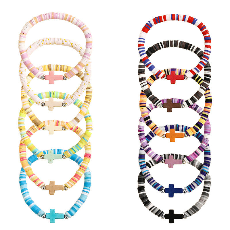 turquoise cross bracelet bohemian colorful polymer clay adjustable stretch bracelet - star8s