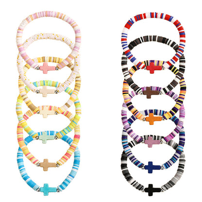 Turquoise Cross Bracelet Bohemian Colorful Polymer Clay Adjustable Stretch Bracelet - STAR8S