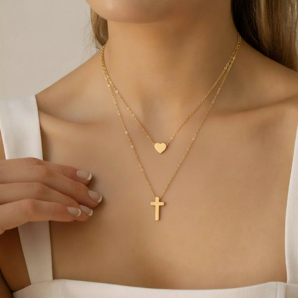 layered cross necklace for women stainless steel gold plated dainty open heart charm pendant double strand chain choker minimalist christian faith religious amulet trendy jewelry gift for her girlfriend